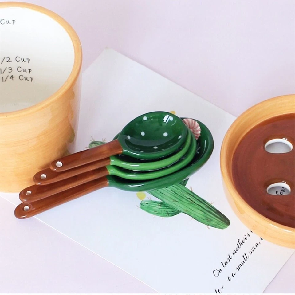 Porcelain Measuring Cup Cactus Shape Kitchen Decor Measuring Spoons Set Baking - Image 3 of 4