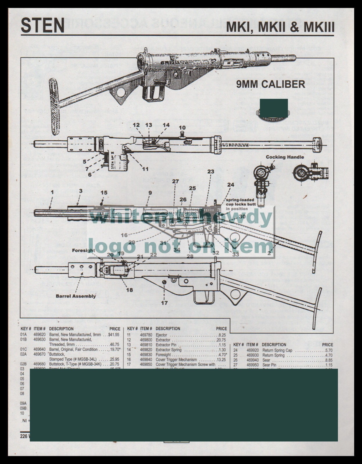 1999 STEN MKI, MKII, MKIII 9 mm Carbine Schematic Parts List