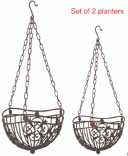 Set/2 Wrought Iron Rust metal Plant Chain Hanger Flower Garden Hanging Baskets