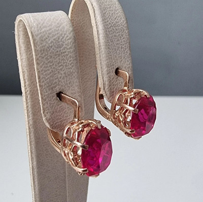 Original Vintage Soviet Rose Gold 583 14K Earrings Ruby Red Stones USSR Jewelry