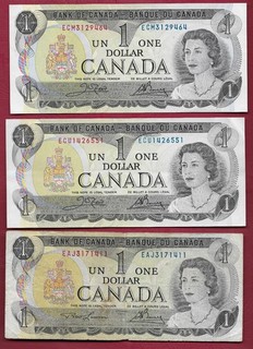 3 1973 Bank of Canada $1 Notes