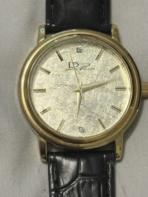 Daniel Steiger Gold Black Leather Band Men's Watch gold leaf textured dial