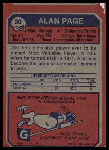 1973 Topps #30 Alan Page - Picture 2 of 2