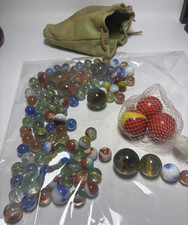 Vintage Marble Mixed Lot Various Sizes Colors Marbles Leather Pouch
