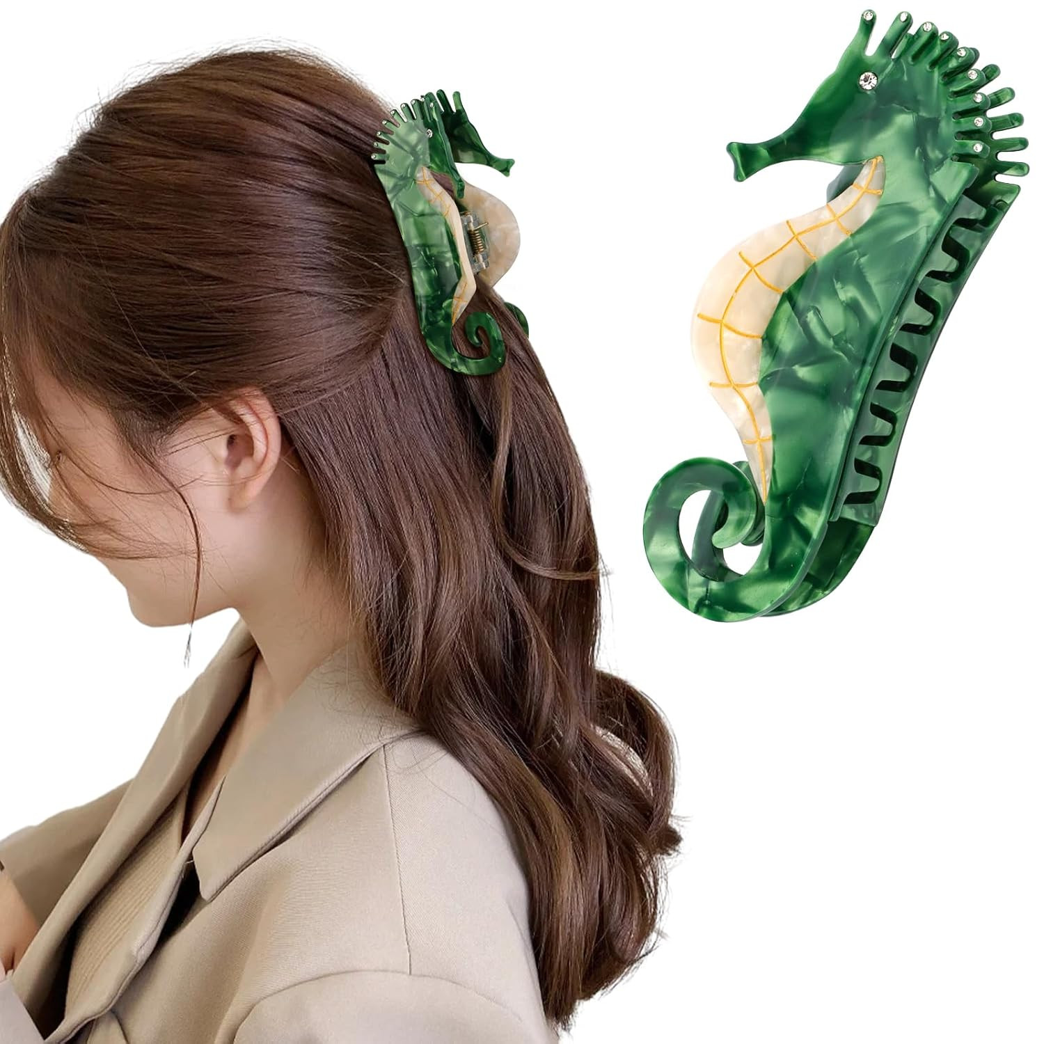 Green Seahorse Hair Clips, Cute Animal Hair Claw Clip for Women Girls, Acetate M
