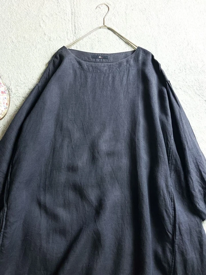 45R Indigo Linen Oxford Dress Long Sleeve Japan Boat Neck Size 0 Flare Rare - Image 2 of 4