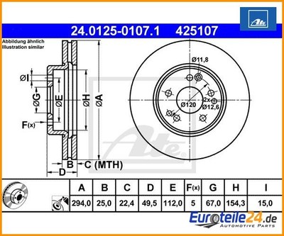 2 pieces brake disc ATE 24.0125-0107.1 for Mercedes-Benz