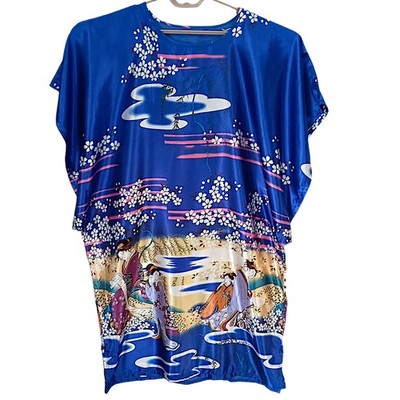 Satin Kaftan Gown One Size Silky Placement Asian Print Geisha Muumuu Mrs Roper