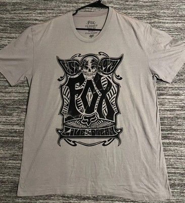 Fox Racing Skull Men s XL Short Sleeve Shirt Gray Y2K Affliction style Grunt