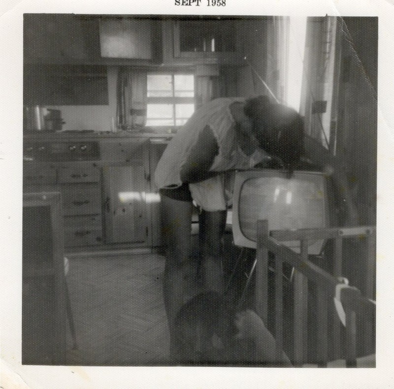 "Mom" Woman In Underwear Working On Broken TV Kitchen 1958 Photo Snapshot Vtg
