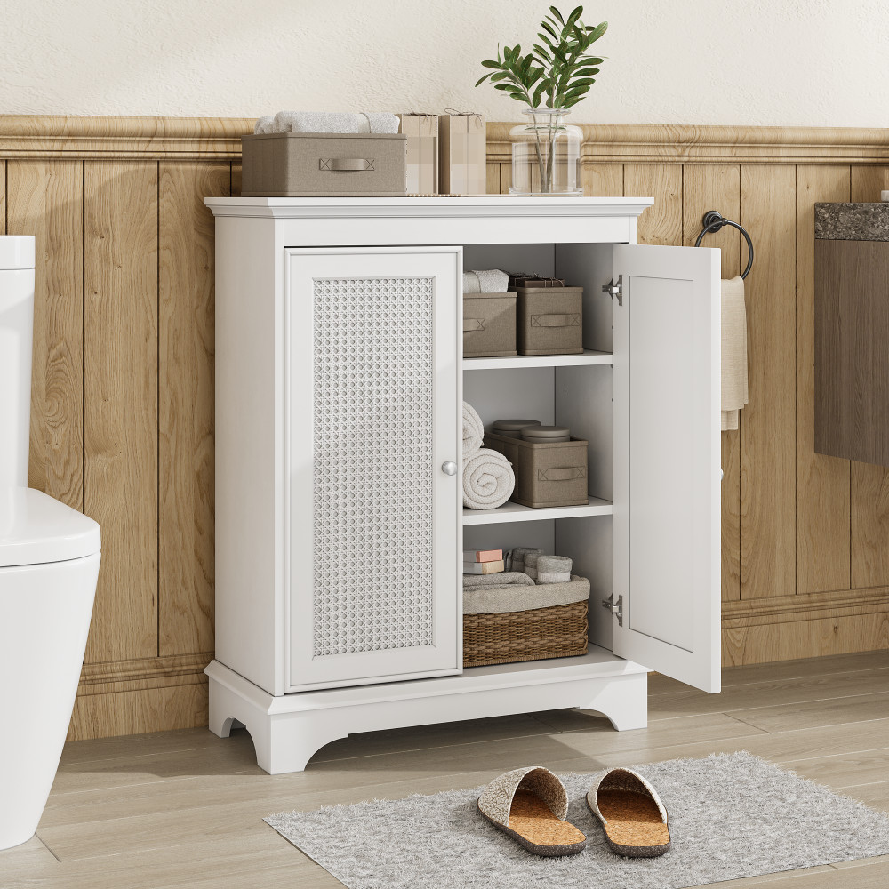 Meuble de salle de bain en bois blanc et osier tressé - Colonne de sol haute qualité