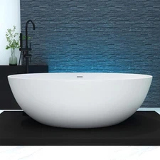 Oval 69 inch Stone Freestanding Tub Extra Deep Soaking Tub Matte White Finish