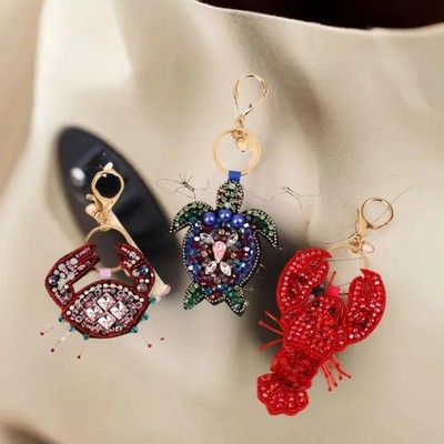Rhinestone Beaded Pendant Pretty Hand Sewn Bag Charms Crab Shells Turtle Hanging