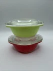 Vintage PYREX Lime Green Red 8 oz Mini Round Casserole 080 with Glass Lid 980-C