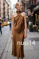 ZARA NEW WOMAN SATIN HALTER MIDI DRESS OPEN-BACK CARAMEL XS-XL 7961/566/732