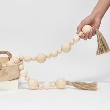 2" Extra Large Wood Bead Garland with Tassels, 44" Long Rustic Farmhouse Wood...