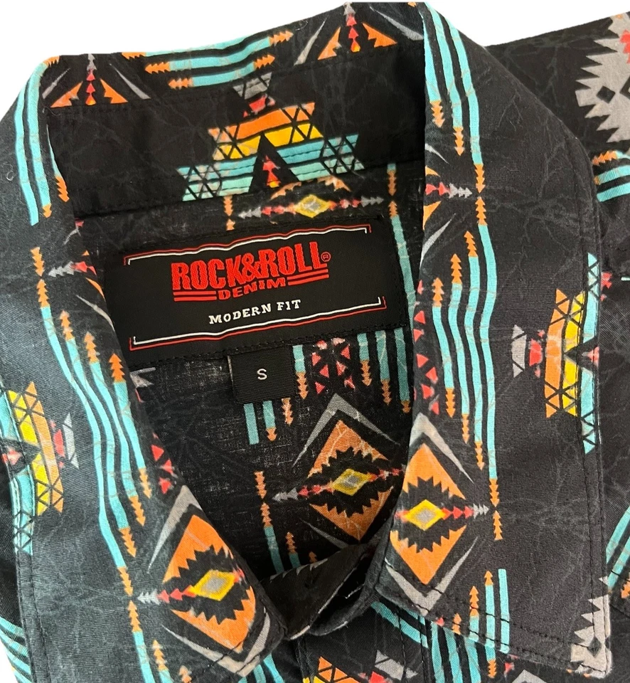Rock & Roll Denim Men's Black Snap Shirt S Black Colorful Aztec Cowboy Western - Image 4 of 4