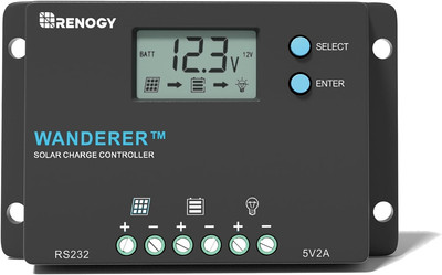 Renogy Wanderer 10A Solar Charge Controller - 12V/24V PWM Auto-Detect, LCD Displ