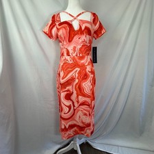 Rachel Roy Guava Swirl Sheath Dress Womens Medium Orange Short Sleeve Back Zip
