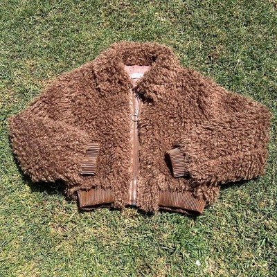 ASTR Faux Fur Open Zip Front Crop Jacket Womens Size M Brown Teddy Bear