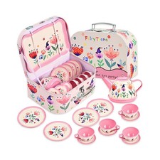 Floral Tea Party Set 15-Piece Pretend Play Kitchen Toys for Girls Ages 3-6