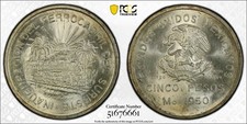 1950 Mexico 5 Pesos Coin Silver Southeastern Railroad PCGS MS65 KM-466