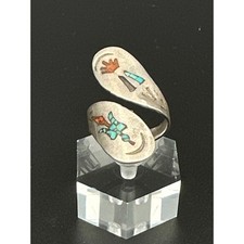 Vintage Zuni Style Channel Inlay Bypass Ring Turquoise Coral Sterling size 9
