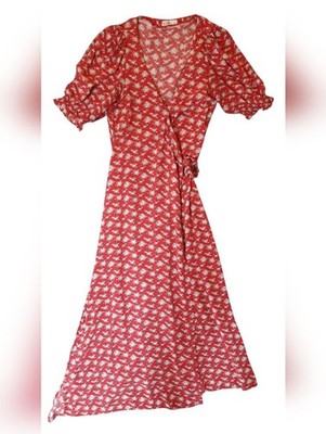 Natural Life Dress Womans Medium Red Floral Wrap Maxi Bohemian Hippie Peasant
