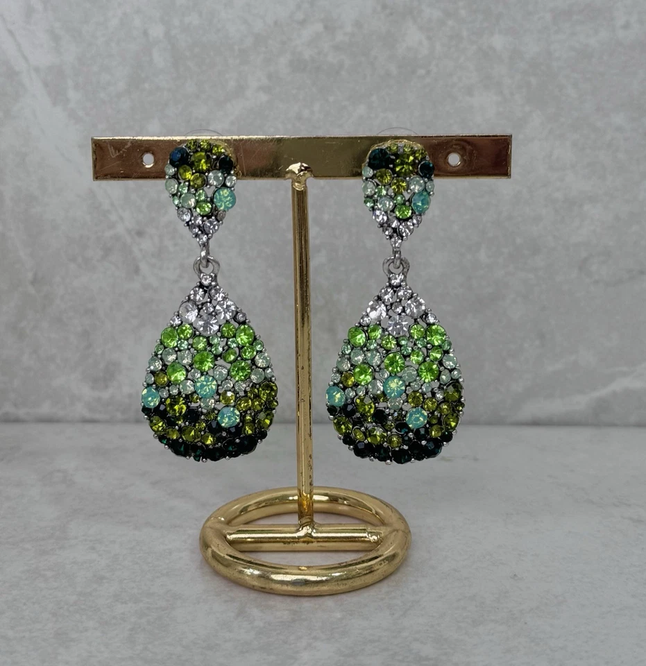 Crystal Tear Drop Green Earrings Boho Retro Statment Large Dangle Earrings UK - Image 3 of 4