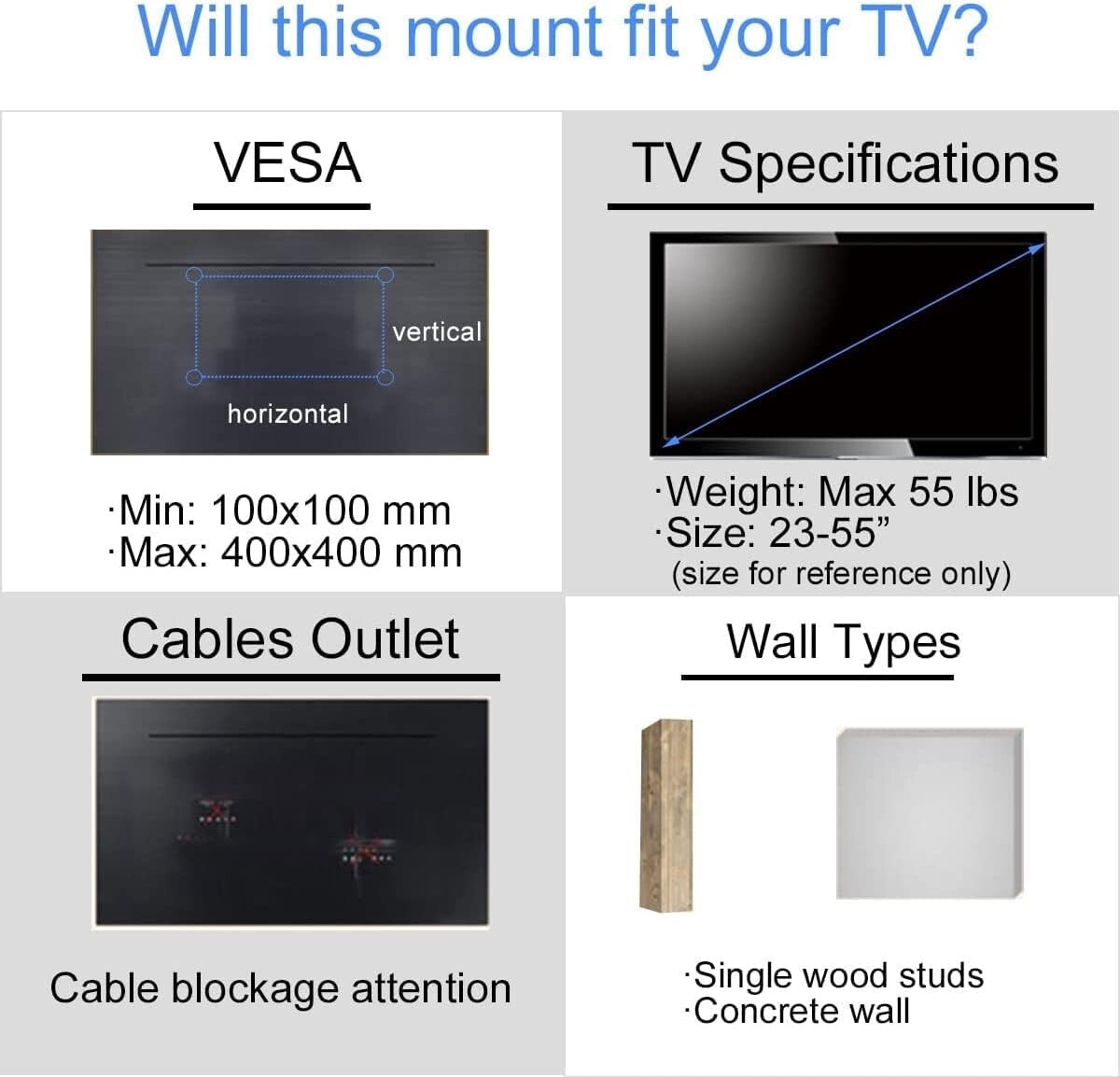 TV Wall Mount Swivel & Tilt Full Motion for Most 23-55" TV, max VESA 400x400mm