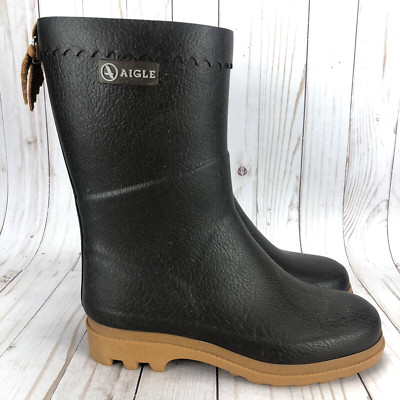 Aigle Bison Rain Boots Wellington Pull On France Dark Brown Rubber Womens Sz 40