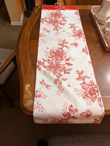 LENOX Christmas Poinsettia Toile Table Runner 14 X 90 Poinsettia NEW - Picture 2 of 8