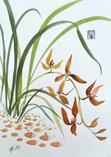 Original paintings Grace Beige Orchid oriental japanese chinese brush sumi-e A4