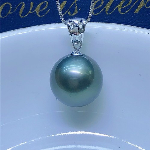 11.3mm Tahitian Green Pearl Pendant Intense Olive Green Color 18k WG Diamonds - Picture 3 of 13