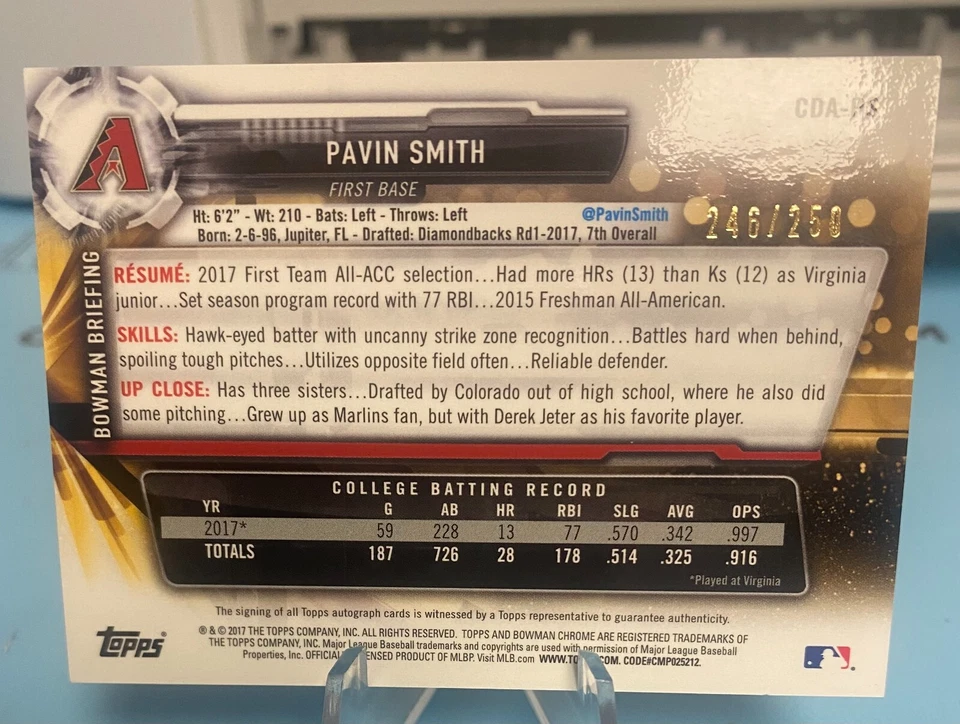 2017 Bowman Chrome Draft PAVIN SMITH Purple AUTO Rookie Card RC /250 DBACKS - Image 2 of 2