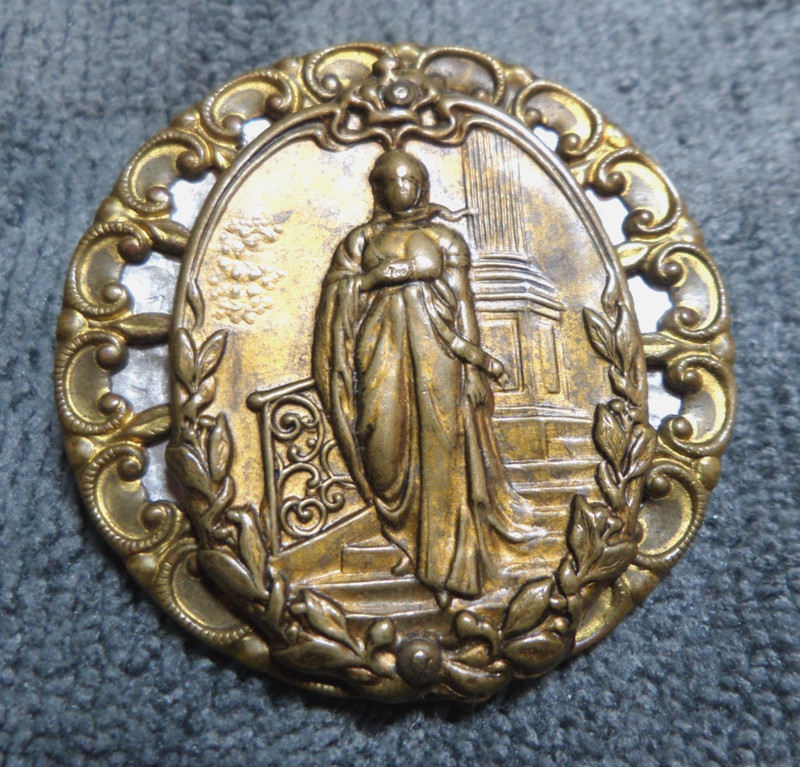 Large Antique Metal Picture Button LADY Twinkle Border 1-7/8" Inch