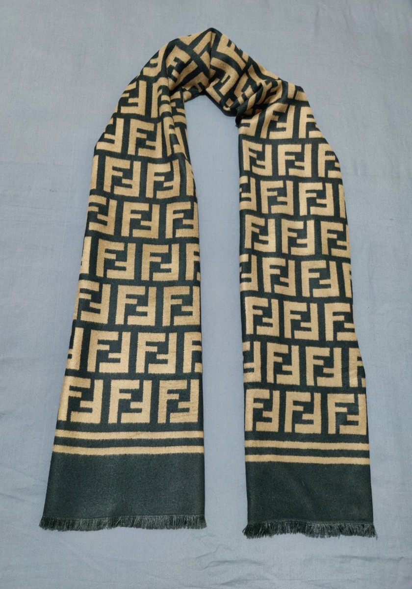 Fendi Scarf Shawl Stole Black Brown Unisex Cashmere Silk FF Logo
