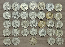32 Washington plus 1 Liberty Quarter Lot 90% Silver $8.25 Face Value Assorted