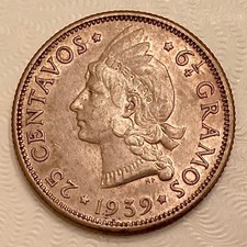 ~ Scarce 1939 Dominican Republic 25 Centavos - Key Date