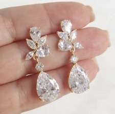 Gold-Tone Clear Teardrop CZ Drop Earrings