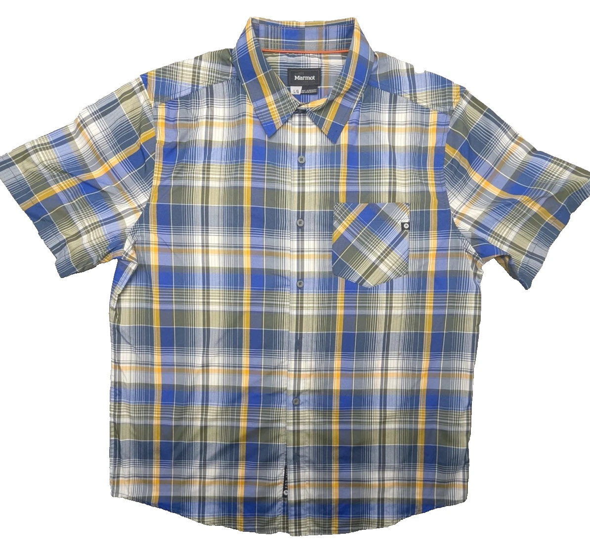 Marmot Shirt Mens Large Syrocco Blue Plaid SS Hiking Plaid Lightweight Logos