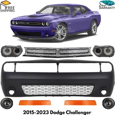 Front Bumper Cover Primed Plastic & Headlight Kit For 2015-2023 Dodge Challenger