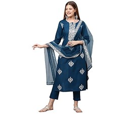 GoSriKi Women's Cotton Blend Straight Embroidered Kurta with Pant  Dupatta