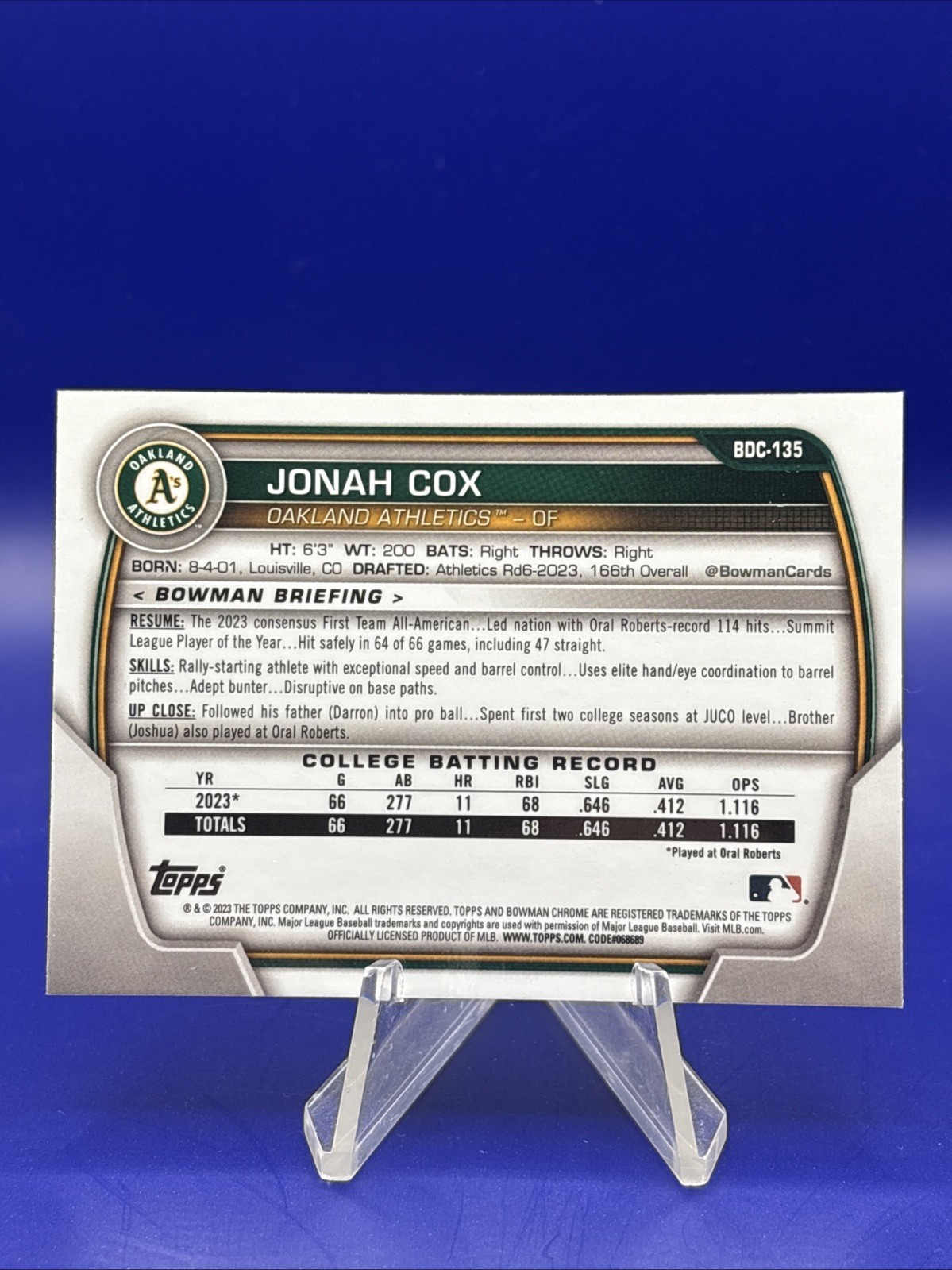 2023 Bowman Chrome /75 Lunar Yellow Refractor Jonah Cox RC 1st Giants Rookie view 2