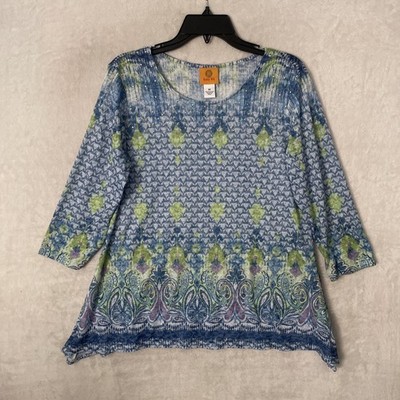 Ruby Rd Womans Blouse Top Blue Geometric Medium Polyester Blend Long Sleeve