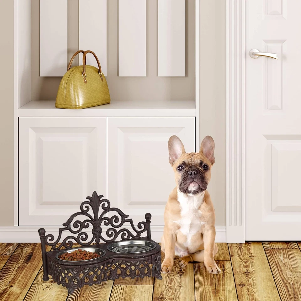 Supporto Ciotole per Cani, Vintage, Ghisa, Set Di Scodelle Rimovibili Acciaio In - Immagine 2 di 4
