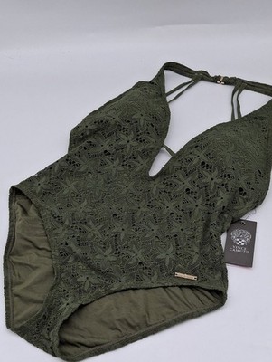 Vince Camuto Swimsuit Women 14 Crochet Lace Plunge Halter One-Piece Safari Green