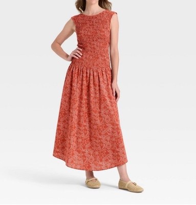 Women s Universal Thread Sleeveless Smocked Maxi Dress Rust Brown Floral M NEW!