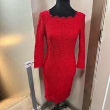 Adrianna Papell Red Lace Lined Midi Bodycon Sheath Long Sleeve Scallop Trim 2