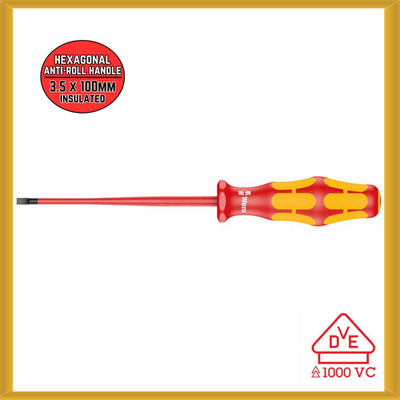 Wera VDE Insulated Screwdriver: Slotted 3.5 x 100mm with Reduced Shaft Diameter